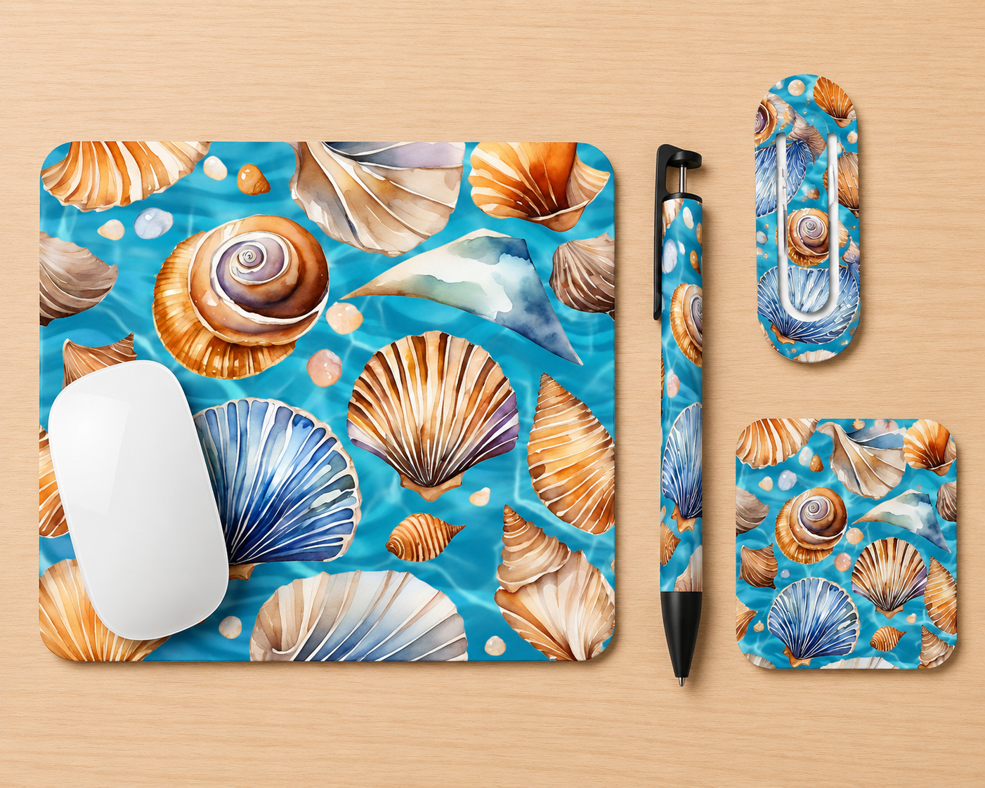 Office Desk Set - Mousepad, Coaster, Pen and Large Paper Clip